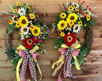 Sunflower wreath, Summer wreath, spring wreath, Front Door wreath, Red and Yellow wreath, Porch wreath,