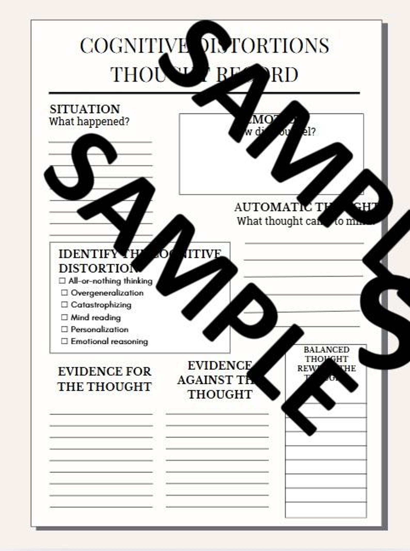 Cognitive Distortions Worksheet – CBT Thought Record for Anxiety ...