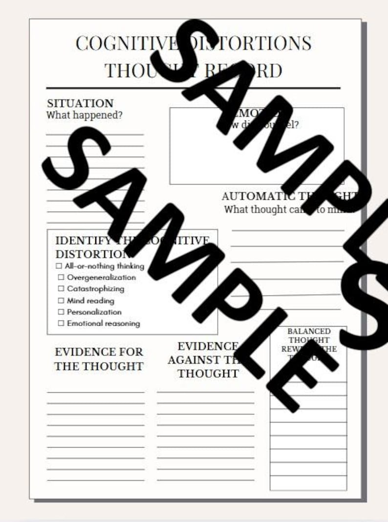 Cognitive Lettering Cognitive Distortions Worksheet – CBT Thought Record for Anxiety ...