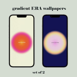 May include: Two phone wallpapers with a gradient circle in the center. The circle is a pink, orange, and yellow gradient on a cream background. The other circle is a purple, yellow, and orange gradient on a dark blue background. Both circles have the text "a new era of me." in the center.