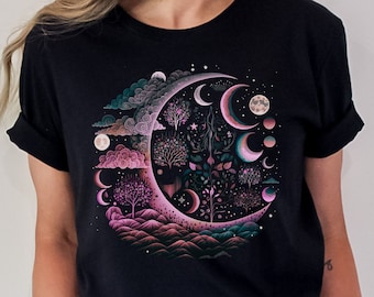 Celestial Shirt Moon T Shirts Moon Graphic T Shirt Moon Phase Astrology Astronomy Boho Cosmic Nature Lover Botanical Wildflowers Moon Shirt