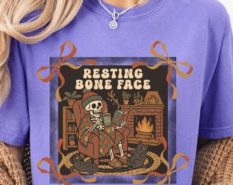 Comfort Colors Halloween Skeleton Reading Shirt, Book Lover Graphic Tee, Cozy Fall T-Shirt, Spooky Season Reader Gift, Autumn Skeleton Shirt