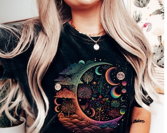 Celestial Moon Shirt Boho Cosmic Nature Lover Botanical Wildflowers Moon Shirt Boho Moon Vintage Moon and Sun Shirt Moon Phases Tee