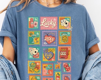 Lucky Casino Shirt, Retro Gambling Stamp Tee, Slot Machine Poker Chips & Cocktails Vegas Trip Comfort Colors Shirt