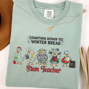May include: A light green t-shirt with the text "Counting Down to Winter Break" and "Stem Teacher." The shirt features a graphic of five ducks, each with a different STEM-related accessory. A gold necklace is draped across the shirt.