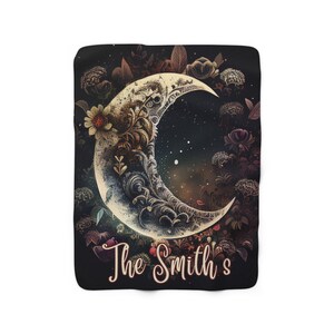 Celestial Customized Moon Sherpa Blanket Boho Personalized Botanical Cosmic Nature Lover Home Decor Accent Throw Moon Nature Personalized