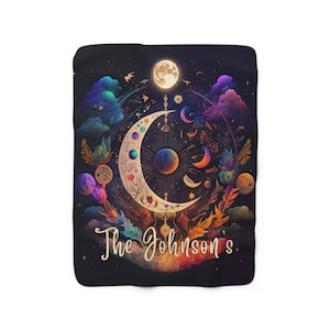 Celestial Personalized Moon Sherpa Blanket Boho Personalized Botanical Cosmic Nature Lover Home Decor Accent Throw Moon Nature Customized