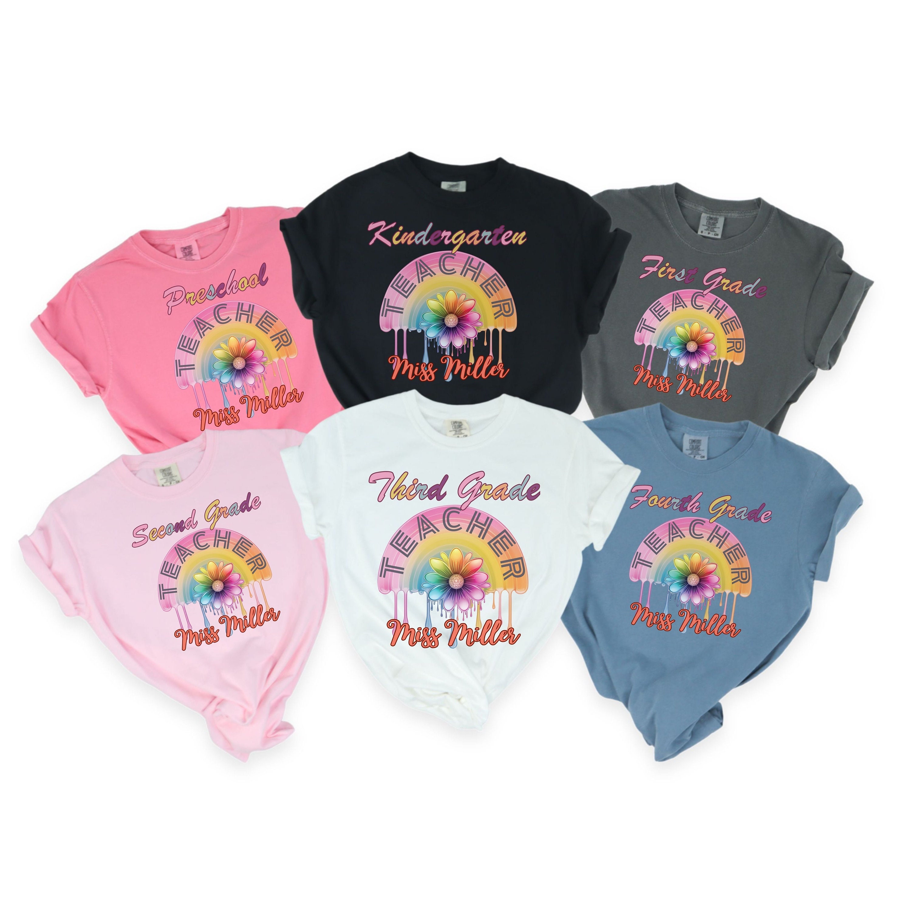 Rainbow Teacher Customize name Shirt Back to School Group Teacher Staff PreK Kindergarten Math English Shirt Adult Education ESL Resource