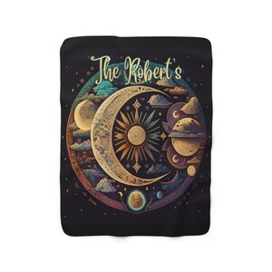 Celestial Customized Moon Sherpa Blanket Boho Personalized Botanical Cosmic Nature Lover Home Decor Accent Throw Moon Nature Personalized