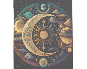 Celestial Moon Sherpa Blanket, Moon and Stars, Galaxy, Moon Phases Home Decor Cosmic Blanket, Sun and Moon, Celestial Moon Housewarming gift