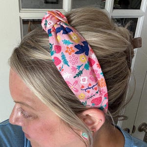 Fun Pink Strawberry & Floral Topknot Headband, Strawberry Headband, Fruit Theme Handmade Topknot Headband, Women and Girls Age 5+