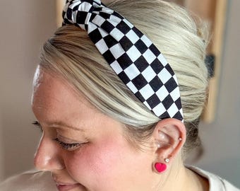 Black & White Checkered Topknot Headband - Handmade Hair Accessory