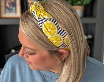 Lemon Print Topknot Headband - Navy Stripe Handmade Headband
