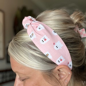 Handmade Pink Topknot Headband with Ghosts and Coffee, Halloween 2024, Pink Halloween, Halloween Costume, Headbands for Women and Girls