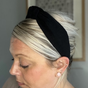 Black handmade topknot headband, black headband, knot headband, handmade headband, comfortable headband, and wide headband.