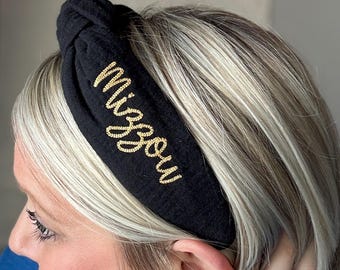 Black + Gold Mizzou Topknot Embroidered Headband | Embroidered Topknot for Women & Girls (Ages 5+) | Mizzou Tigers Gifts