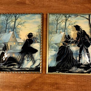 2 Framed 1930s Reverse Silhouette Glass Painting Vintage Wall Hanging Pictures Convex Bubble Dome Glass