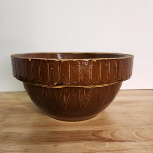 Yellow Ware Brown Glazed Picket Fence Stoneware Mixing Bowl VTG Farmhouse USA