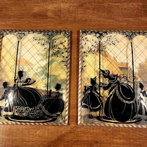 2 Framed 1930s Reverse Silhouette Glass Painting Vintage Wall Hanging Pictures Convex Bubble Dome Glass