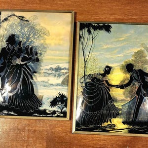 2 Framed 1930s Reverse Silhouette Glass Painting Vintage Wall Hanging Pictures Convex Bubble Dome Glass