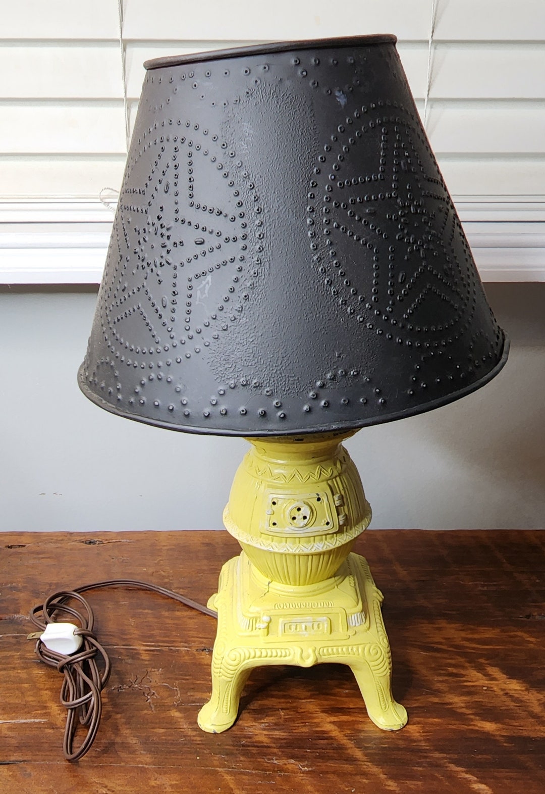 Vintage Pot Belly Stove Lamp With Punch Tin Star Lamp Shade Etsy