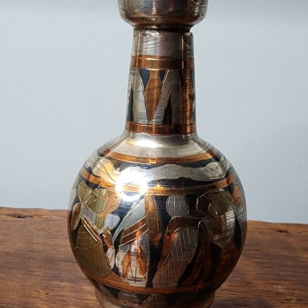 Vintage Egyptian Revival Painted Etched Metalic Colored 8" Urn