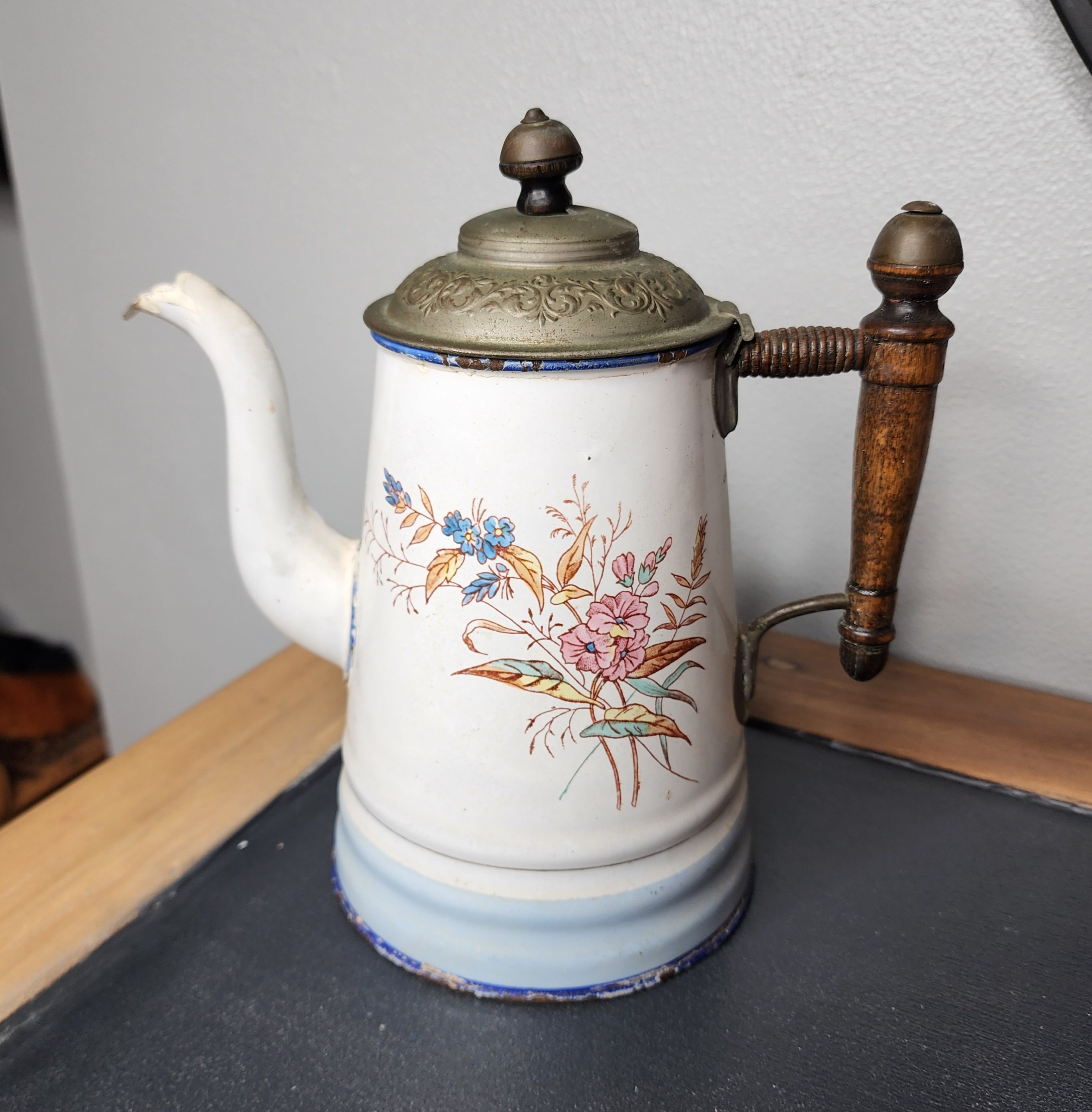 Antique French Graniteware Enamel Pewter Coffee Pot Tea Kettle - Etsy