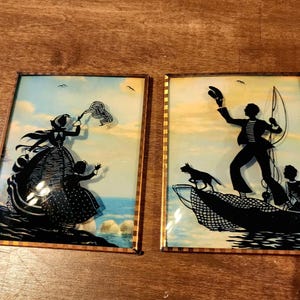 2 Framed 1930s Reverse Silhouette Glass Painting Vintage Wall Hanging Pictures Convex Bubble Dome Glass