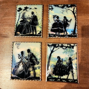 4 Framed 1930s Reverse Silhouette Glass Painting Vintage Wall Hanging Pictures Convex Bubble Dome Glass