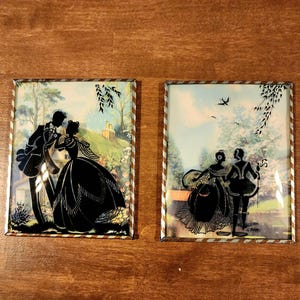 2 Framed 1930s Reverse Silhouette Glass Painting Vintage Wall Hanging Pictures Convex Bubble Dome Glass