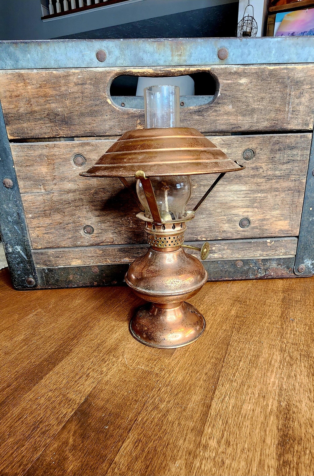 Vintage Copper Oil Lamp With Shade Chimney and Wick Etsy