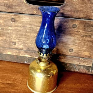 Miniature Gold Oil Lamp w/ Blue Glass