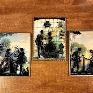 3 Framed 1930s Reverse Silhouette Glass Painting Vintage Wall Hanging Pictures Convex Bubble Dome Glass