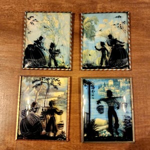 4 Framed 1930s Reverse Silhouette Glass Painting Vintage Wall Hanging Pictures Convex Bubble Dome Glass