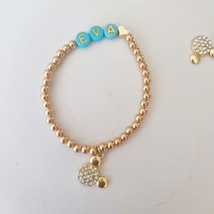 Mickey Disney, gold filled beads bracelet, Mickey Mouse golden charm, Disney bracelet, custom made, name bracelet, beaded charm bracelet