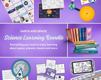 May include: A science learning bundle with the text "Earth and Space Science Learning Bundle". The image includes educational materials such as coloring cards, planet models, and a phases of the moon chart. The color palette includes purple, orange, and blue.