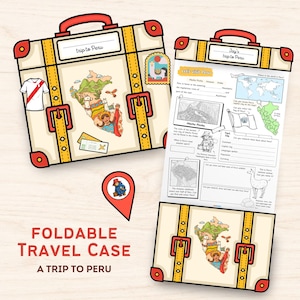 May include: A foldable travel case with a cream exterior, red handles, and yellow straps. The case features illustrations of a map of Peru, a football shirt, and a llama. An attached activity sheet includes text about Peru, Machu Picchu, and Paddington Bear.