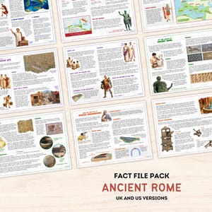 以下が含まれることがあります： 古代ローマに関する教育的なファクトファイルカードのコレクション。カードには、ローマの生活、工学、文化に関するイラストとテキストが掲載されています。「FACT FILE PACK ANCIENT ROME」というタイトルが下部に表示され、その下に「UK AND US VERSIONS」と表示されています。