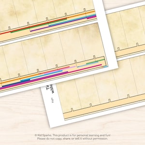 May include: Several sheets of paper with a beige background and colorful horizontal lines. The sheets have a grid-like pattern with vertical lines and small rectangular cutouts. The text "Tir witho Right" is visible on one sheet.