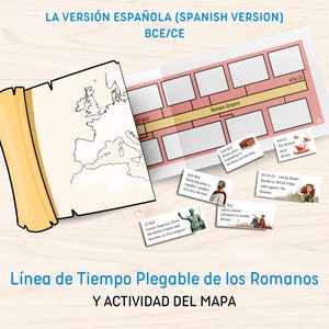 May include: A foldable timeline of Roman history in Spanish, with a map activity. The timeline includes key events from 509 BCE to 476 CE, with illustrations of Roman leaders and soldiers. The map activity shows the expansion of the Roman Empire.