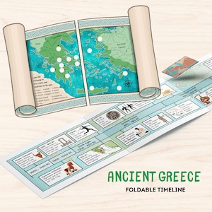 May include: A foldable timeline of Ancient Greece, featuring a map of the region and a timeline with illustrations and text. The map is green and blue, and the timeline includes the text "Ancient Greece" and "Foldable Timeline".