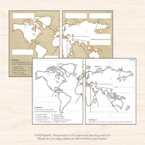 May include: A set of four educational worksheets featuring world maps with labels for ancient civilizations. The worksheets include challenges to identify and label civilizations like Ancient Rome and Ancient Egypt. The text "Challenge 1" and "Challenge 2" are visible.
