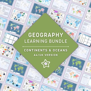 Kontinente und Ozeane BUNDLE, Infografiken Faltbare Weltkarte Aktivität Poster Kinder Geographie Aktivitäten Homeschool DIGITALE Ressource