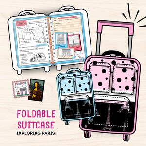 May include: Foldable suitcases with a Paris theme. One suitcase is pink with black polka dots, another is blue with black polka dots, and the third is white with a Paris-themed interior. The text "FOLDABLE SUITCASE EXPLORING PARIS!" is also visible.