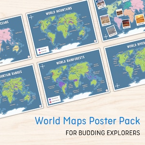 Weltkarten Poster Pack | Display Karte Färbung Kontinente Ozeane Geographie Lernen Bildung Haus Schule Farbe Farbe druckbare digitale Poster