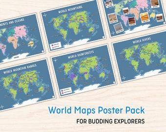 World Maps Poster Pack | Display Map Coloring Continents Oceans Geography Learning Education Home Schooling Color Printable Digital Posters