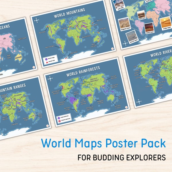 World Maps Poster Pack | Display Map Coloring Continents Oceans Geography Learning Education Home Schooling Color Printable Digital Posters