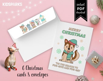 6 Printable Christmas Cards | Dog-Themed Christmas Cards, Colorful DIY Christmas Cards, Kids Christmas Cards, DIGITAL DOWNLOAD