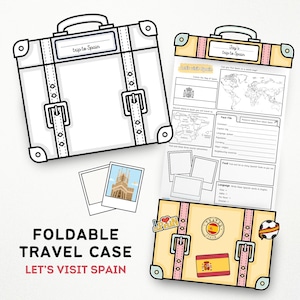 Op de afbeelding: Een opvouwbare reiskoffer-activiteitenset getiteld Let's Visit Spain, bestaande uit een koffer-vormig papieren sjabloon, een werkblad met een kaart van Spanje, een wereldkaart, feitenbladen en twee kleine fotolijstjes in polaroid-stijl.