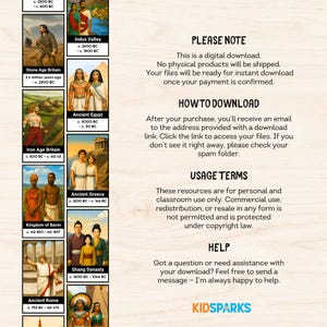 May include: A digital download featuring illustrations of historical figures and civilizations, including Ancient Egypt, Greece, and Rome. The educational resource includes text such as "Please Note" and "How to Download."